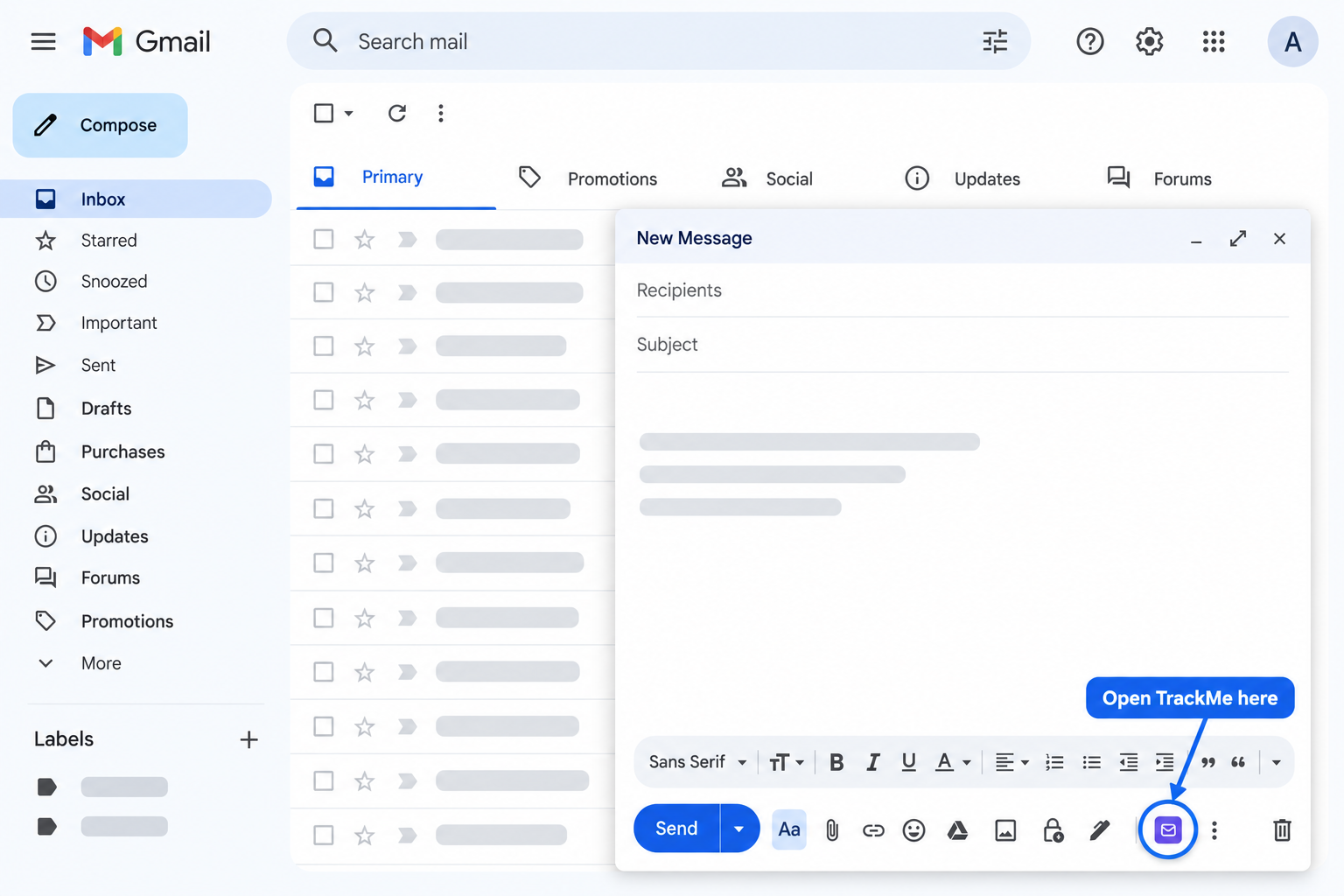 Gmail compose window with the TrackMe icon highlighted in its bottom toolbar