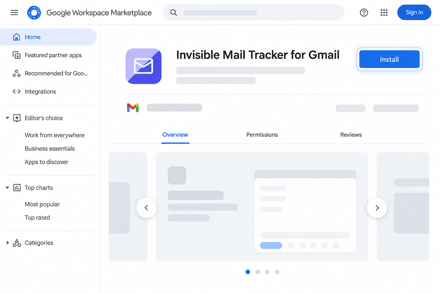 Illustration of the TrackMe Marketplace listing with an Install button